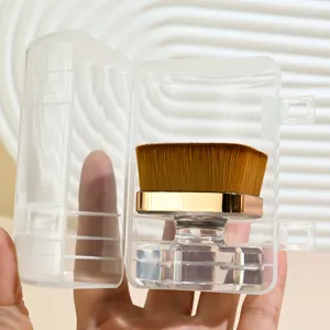 Square nail dust brush detail view, clear protective case, soft dense brown bristles.