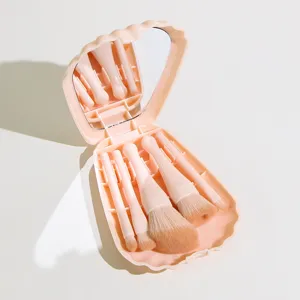 Muschelform Make-up Pinsel Mit Spiegel Etui Tragbare Reise Beauty Tool Kollektion Weiches Synthetikhaar Rosa Kosmetik Applikator