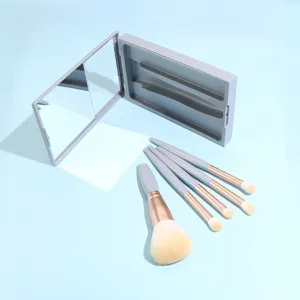 Portable 5-in-1 makeup brush set with mirror grey cosmetic tool box soft professional beauty kit.