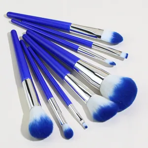 8-piece dark blue makeup brush set detail showcasing soft synthetic bristles for beauty.