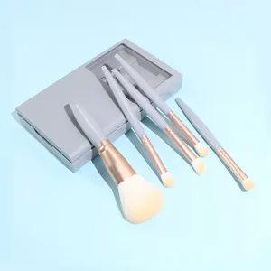 5-piece portable makeup brush set with grey mirror box beauty tool kit for daily use