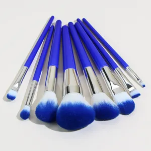 Detail view of the 8-piece professional makeup brush set with vibrant blue handles.