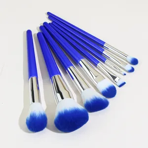 Detailed shot of an 8-piece makeup brush set with vibrant blue handles and soft bristles.