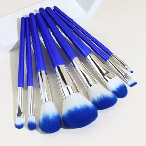 Professional 8 pieces makeup brush set in dark blue for powder and eyeshadow application tools.