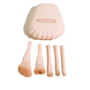 Tragbares Muschel Make-up Pinsel Set mit Spiegel 5 Stueck rosa Kosmetikwerkzeuge Alltag