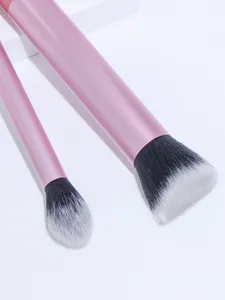 Close-up detail of two pink makeup brushes with soft black and white gradient bristles.