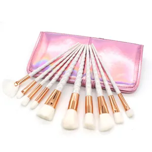 10 Stk. Einhorn Pinsel Set Spiralgriff Roségold Zwinge mit holografischer Kosmetiktasche