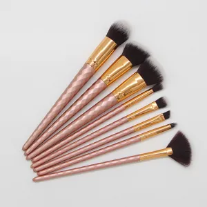 Detailed view of the 8-piece rose gold threaded handle makeup brush set showcasing bristles.