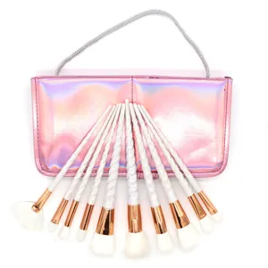 Details zum 10-teiligen Einhorn Make-up Pinsel Set mit Spiralgriff und Hologramm Tasche.