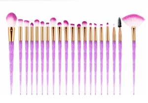 20-piece makeup brush set with purple glitter handles & pink bristles for everyday facial beauty.