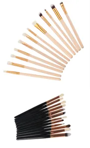 12-piece eye makeup brush set with wooden and black handles, professional blending eyeshadow brushes.