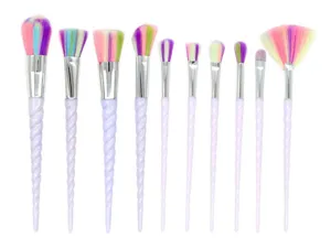 Detailed view of the 10-piece unicorn makeup brush set with vibrant colorful soft bristles.