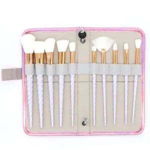 10 tlg einhorn make-up pinsel set mit holografischer rosa tasche, spiralgriff weiche haare.