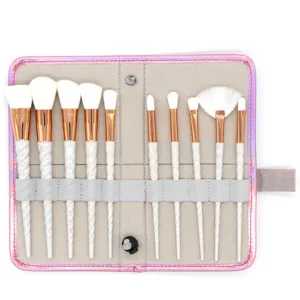 10-teiliges Einhorn Make-up Pinselset im rosa Etui mit Spiralgriffen und weichen Borsten.