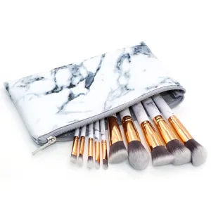 10-piece marble makeup brush set with PU pouch, professional cosmetic beauty tools.