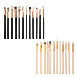 Detailed view of eye makeup brush set details, soft bristles and wooden handles.