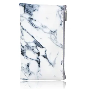Marble pattern cosmetic makeup brush storage pouch detail shot, compact PU leather zipper bag.