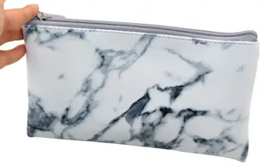 Marble pattern PU leather zipper cosmetic bag detail showing texture and zipper closure.