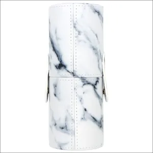 Marble pattern PU leather cosmetic brush holder detail view, portable storage barrel container.