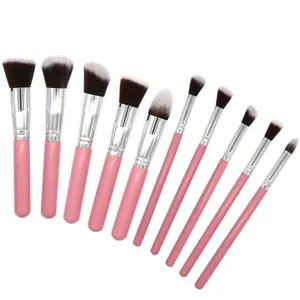 Kit de 10 pinceaux de maquillage professionnels avec manches en bois rose pour le visage.