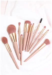 Detailansicht des 11-teiligen kirschblütenrosa Make-up-Pinsel-Sets mit weichen Borsten.