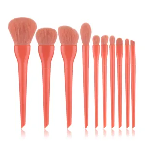 Detailed view of 10-piece candy color makeup brush set with soft bristles for precise makeup application.