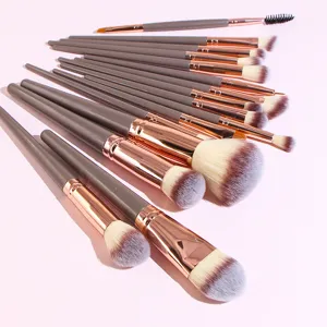 16 pieces professional makeup brush set with grey handles and rose gold ferrule for face eye beauty