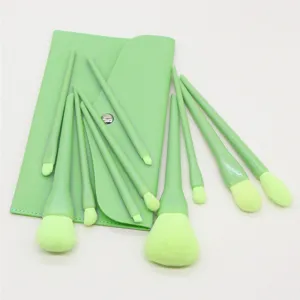 10-piece candy makeup brush set with green pouch, soft bristles for beginner daily beauty tools.