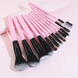 12pcs pink makeup brush set professional cosmetic tools for face eyeshadow foundation blending.