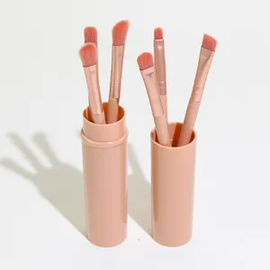 Portable mini makeup brush set with 6 pieces in dual cylindrical containers, pink shade.