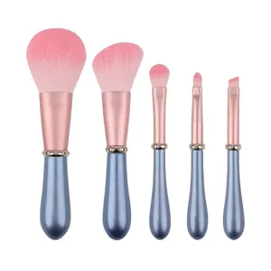 Set of 5 professional makeup brushes with pink soft bristles and elegant blue handles.