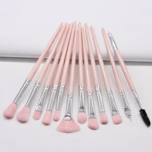 12-piece pink makeup brush set with soft nylon hair and portable plastic handles for daily beauty.