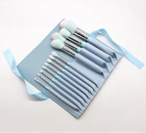 Detailed view of the 12-piece professional makeup brush set in a light blue roll pouch.