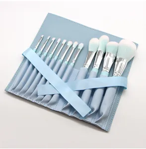 Closeup view of 12-piece makeup brush set in light blue roll bag with neat arrangement details.