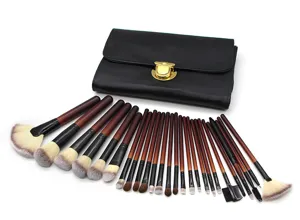 Professional 26-piece makeup brush set with black leather storage pouch, ideal for daily use.