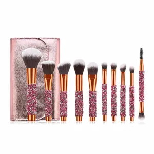 10pcs rhinestone makeup brush set with pink PU storage case professional beauty cosmetic tools