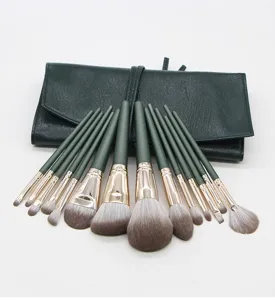 14-piece professional makeup brush set with green handles and roll storage pouch for beauty.