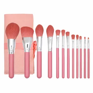 Yise 12-piece pink makeup brush set with professional cosmetic tools and storage bag.