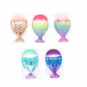Mermaid tail foundation makeup brush, gradient fish scale handle, soft cosmetic tool.