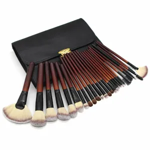 26pcs Professional Makeup Brush Set Cosmetic Tool with Leather Roll Pouch Mahogany Handle