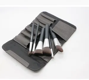 6-piece professional makeup brush set with gray PU leather roll bag for daily beauty routine