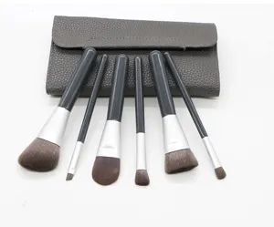 6-piece contour makeup brush set with grey PU leather storage bag for daily travel use.