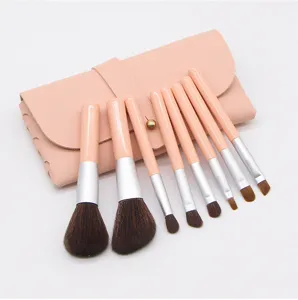 Nahaufnahme des mini rosa Pinsel-Sets mit Aufbewahrungstasche, weichen Borsten und Design.