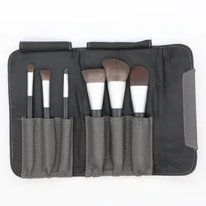 Professional 6-piece makeup brush set with portable grey PU leather roll pouch for travel.