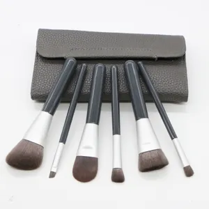6-Piece Makeup Brush Set with Grey PU Storage Pouch Portable Cosmetic Beauty Tools Kit