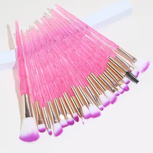 20pcs crystal makeup brush set pink glitter handles soft bristles eye blending details.