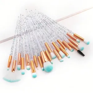 20-piece makeup brush set details featuring crystal glitter handles and soft gradient bristles.
