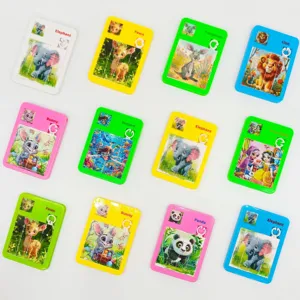 Cartoon animal sliding puzzle detail view showing colorful toys for kids and school gifts.