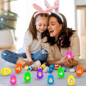 Easter egg spinning top toys with cute cartoon chick and rabbit prints, fun holiday gifts.