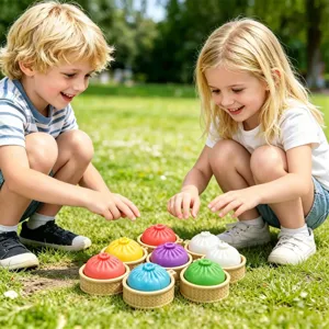 Outdoor scene detail showing children playing with colorful 3D printed decompression toy bun set.
